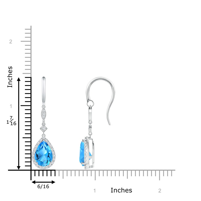 9x6mm AAAA Pear-Shaped Swiss Blue Topaz Drop Earrings with Diamonds in White Gold ruler