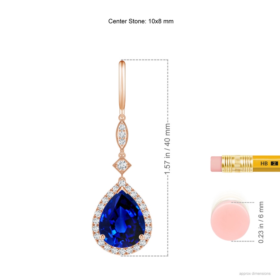10x8mm Lab-Grown Pear-Shaped Blue Sapphire Halo Dangle Earrings in 18K Rose Gold ruler