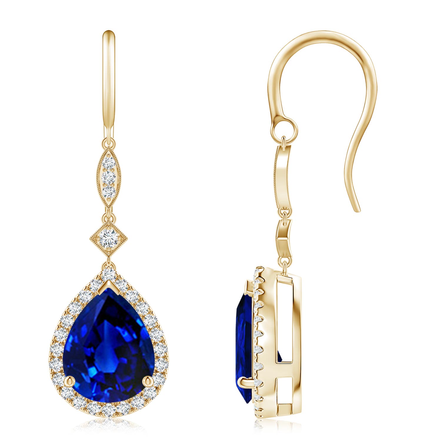 10x8mm AAAA Pear-Shaped Blue Sapphire Halo Dangle Earrings in 18K Yellow Gold