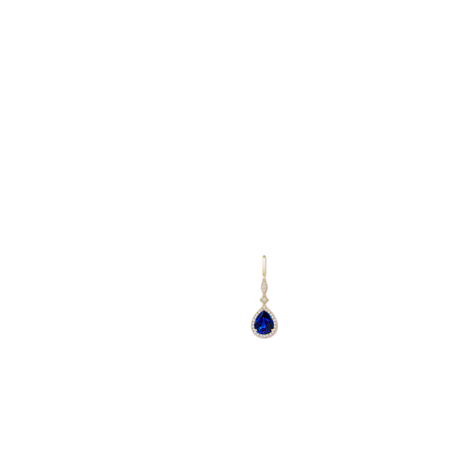10x8mm Lab-Grown Pear-Shaped Blue Sapphire Halo Dangle Earrings in 18K Yellow Gold ear