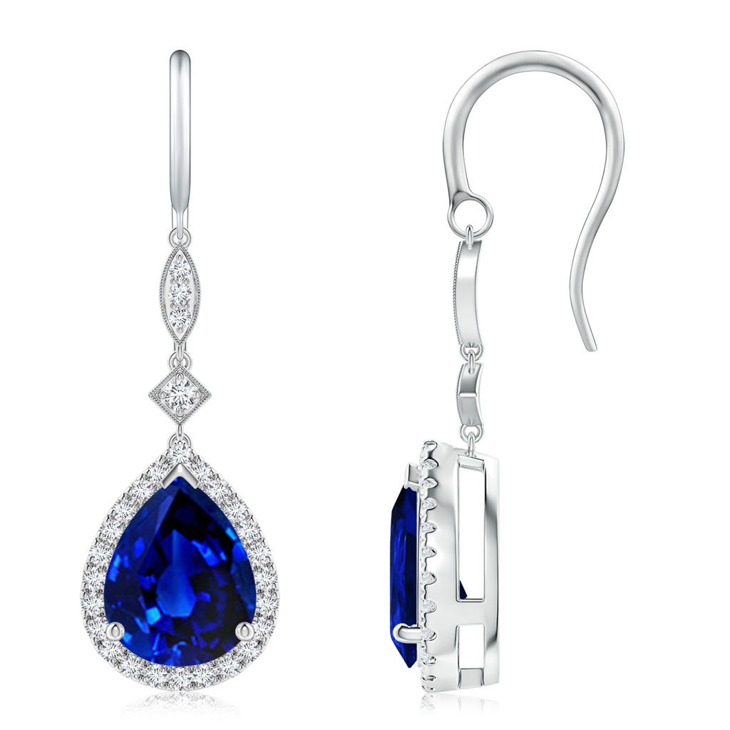10x8mm Lab-Grown Pear-Shaped Blue Sapphire Halo Dangle Earrings in P950 Platinum