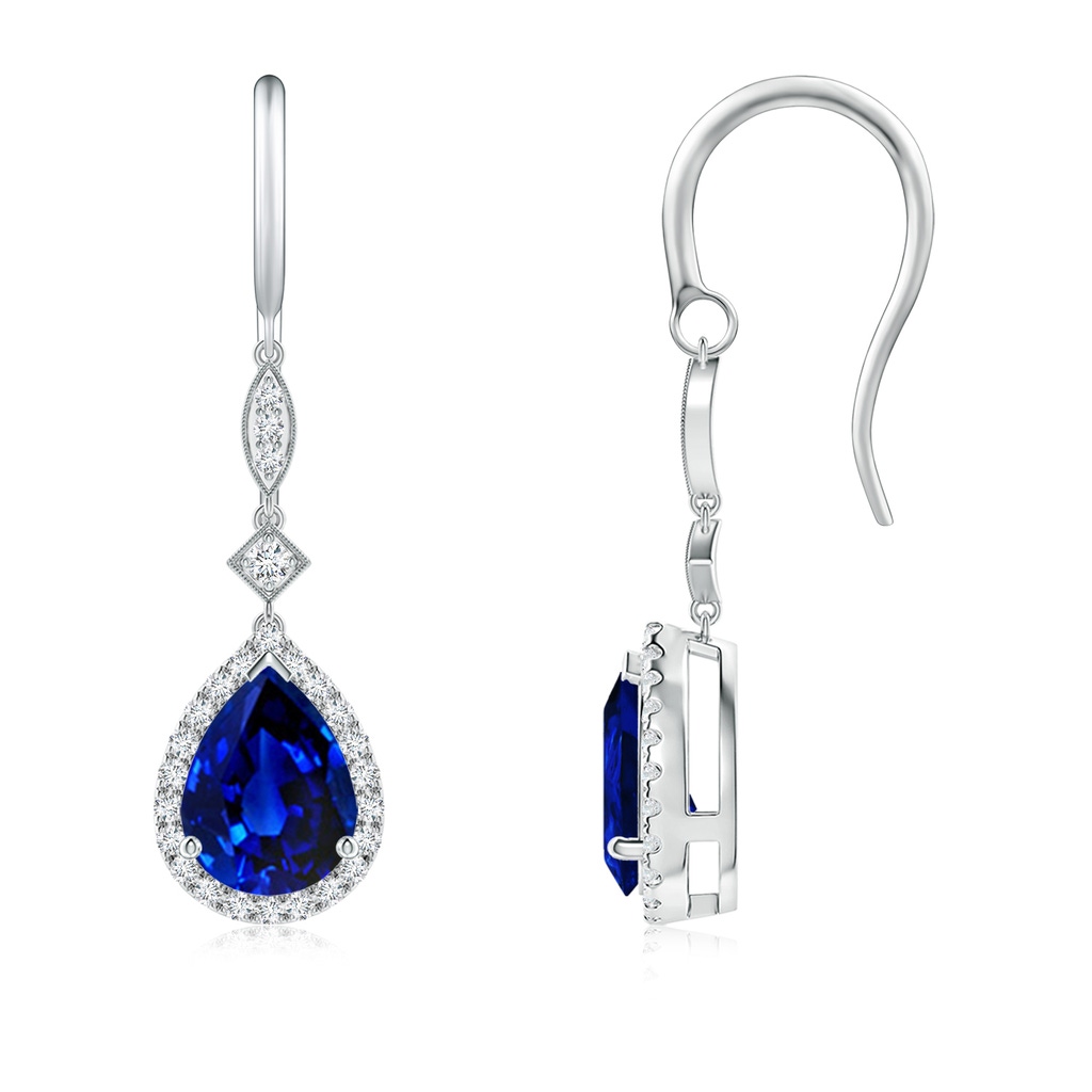 8x6mm Lab-Grown Pear-Shaped Blue Sapphire Halo Dangle Earrings in 18K White Gold
