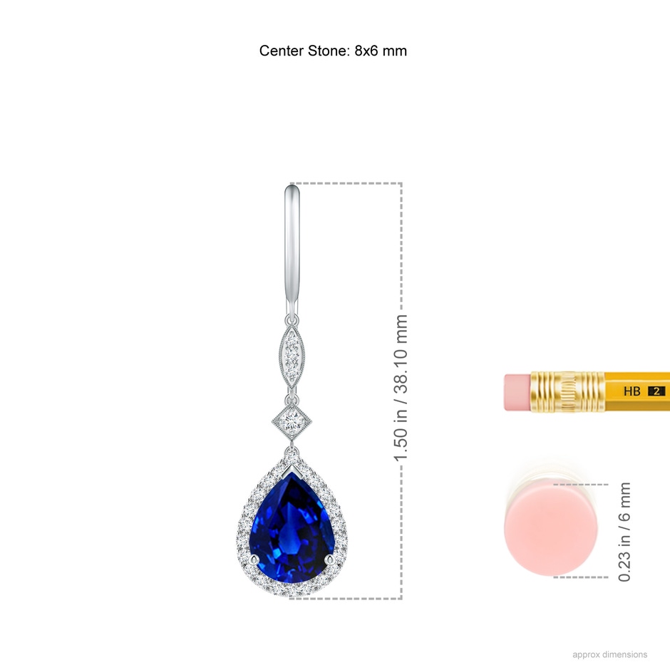 8x6mm Lab-Grown Pear-Shaped Blue Sapphire Halo Dangle Earrings in P950 Platinum ruler