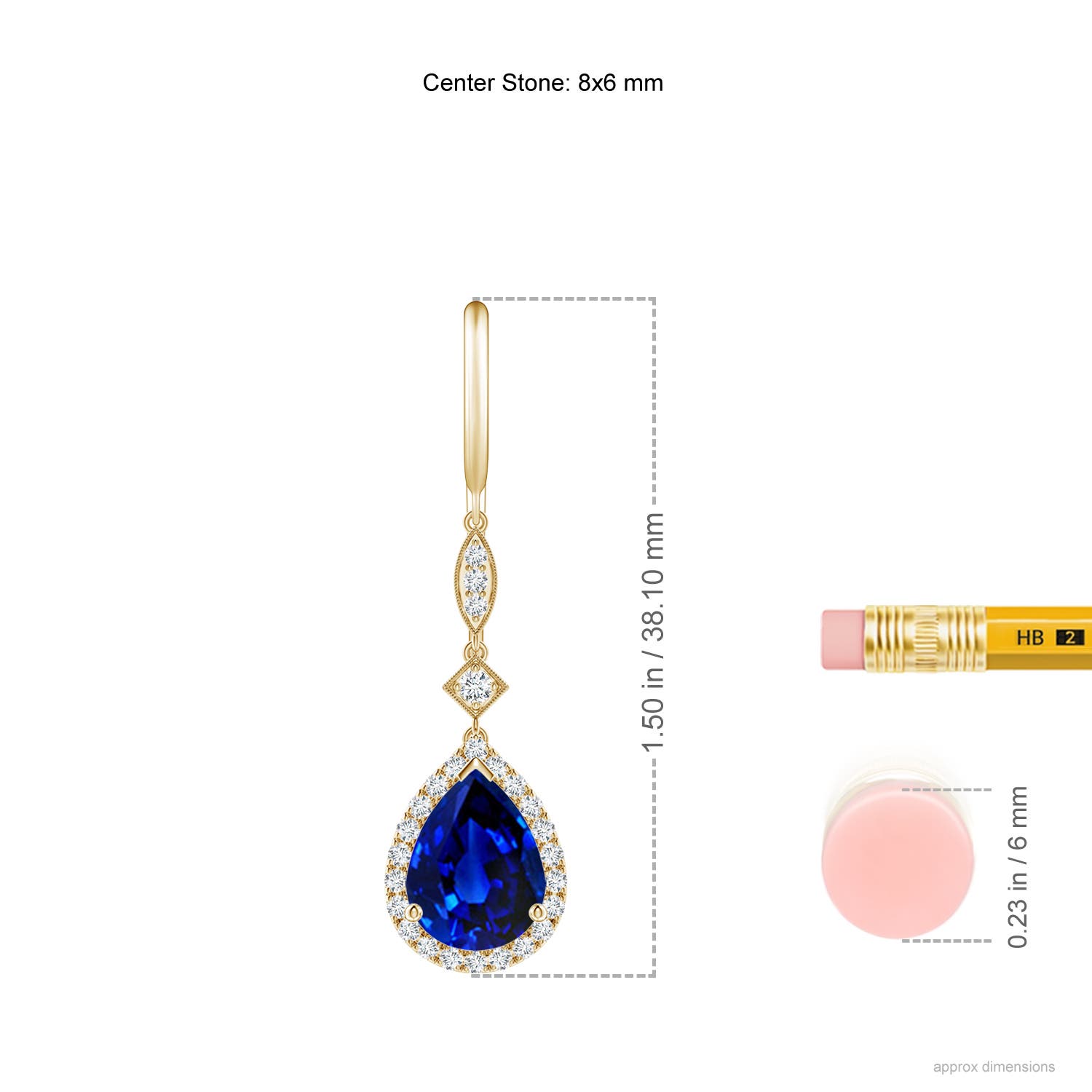 8x6mm AAAA Pear-Shaped Blue Sapphire Halo Dangle Earrings in Yellow Gold - ruler