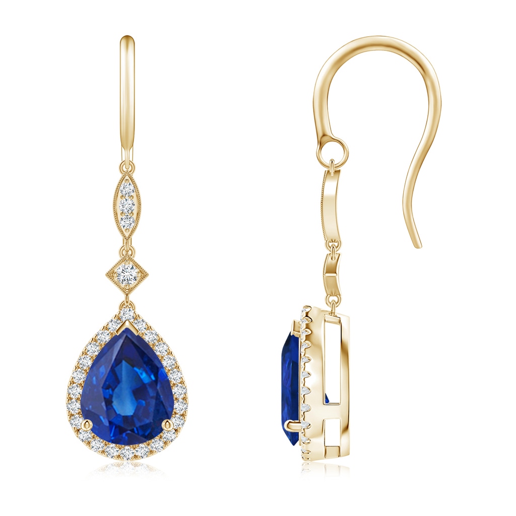 9x7mm AAA Pear-Shaped Blue Sapphire Halo Dangle Earrings in Yellow Gold