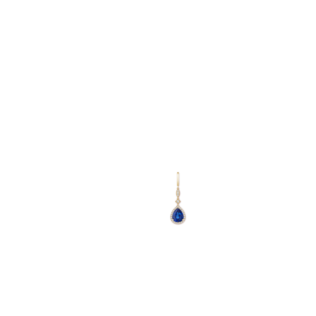 9x7mm AAA Pear-Shaped Blue Sapphire Halo Dangle Earrings in Yellow Gold ear