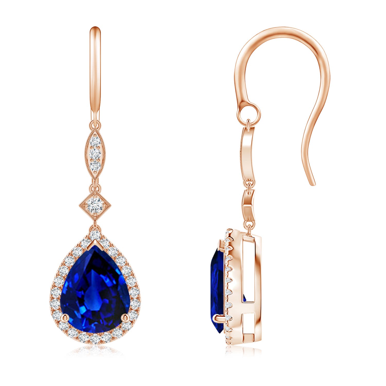 9x7mm AAAA Pear-Shaped Blue Sapphire Halo Dangle Earrings in 18CT Rose Gold