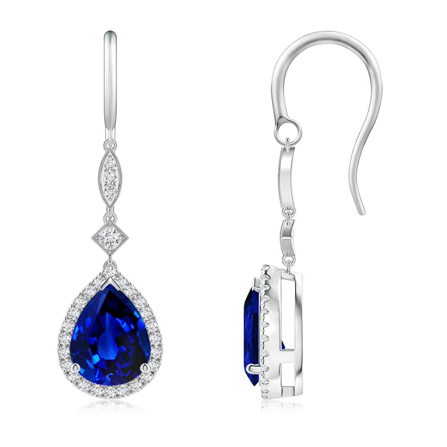 9x7mm AAAA Pear-Shaped Blue Sapphire Halo Dangle Earrings in 18K White Gold