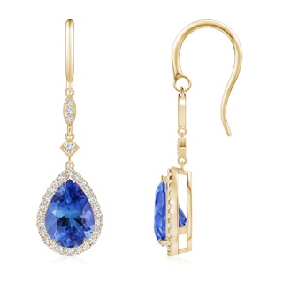 10x7mm AA Pear-Shaped Tanzanite Drop Earrings with Diamond Halo in Yellow Gold