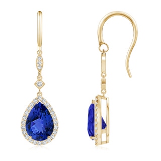 10x7mm AAA Pear-Shaped Tanzanite Drop Earrings with Diamond Halo in Yellow Gold