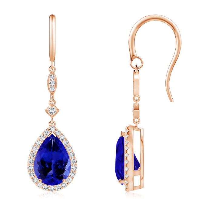 10x7mm AAAA Pear-Shaped Tanzanite Drop Earrings with Diamond Halo in Rose Gold