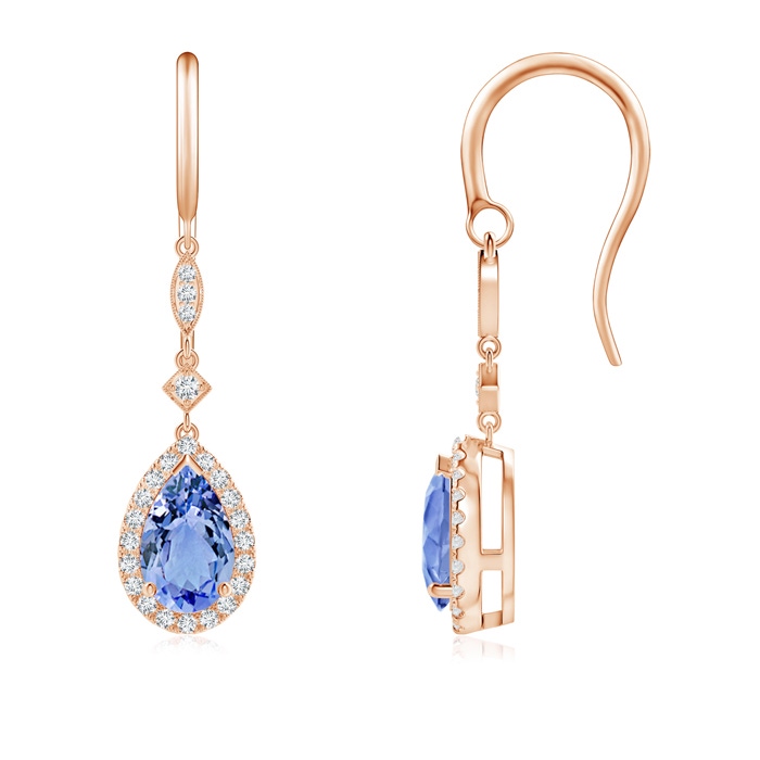 8x5mm A Pear-Shaped Tanzanite Drop Earrings with Diamond Halo in 9K Rose Gold 