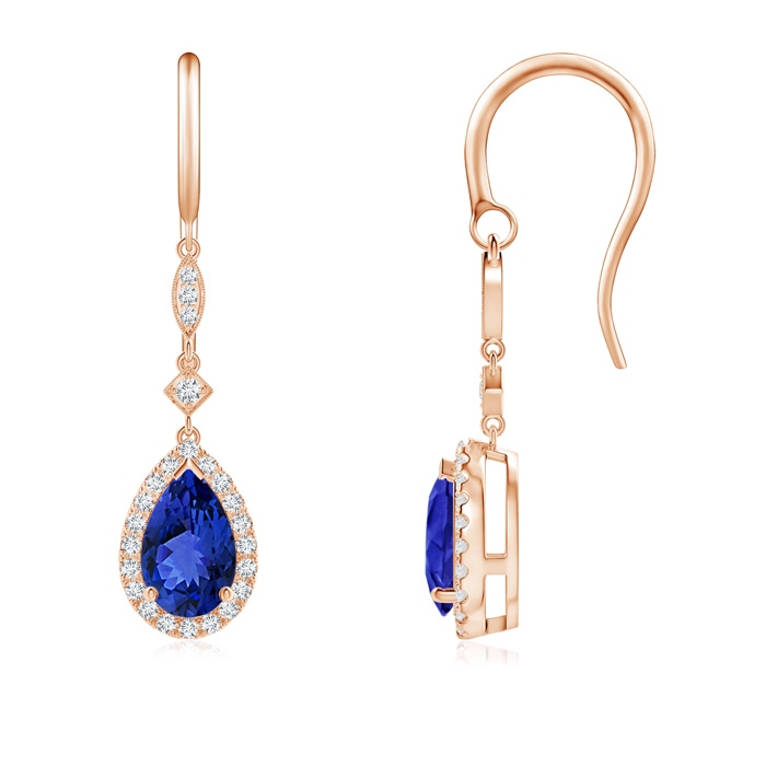 8x5mm AAA Pear-Shaped Tanzanite Drop Earrings with Diamond Halo in Rose Gold 