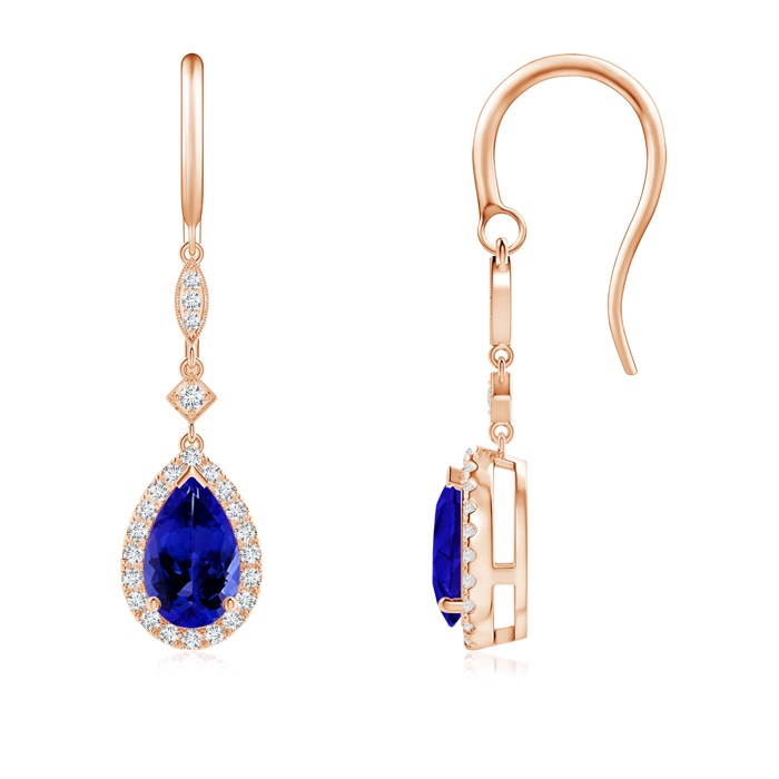 8x5mm AAAA Pear-Shaped Tanzanite Drop Earrings with Diamond Halo in Rose Gold 