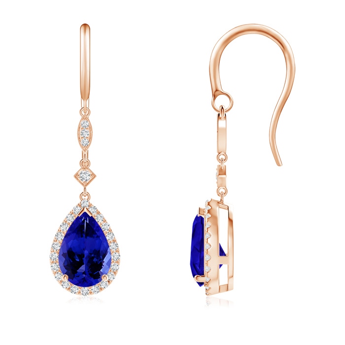9x6mm AAAA Pear-Shaped Tanzanite Drop Earrings with Diamond Halo in Rose Gold 