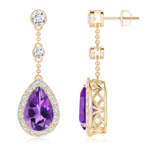 12x8mm AAA Vintage Style Pear-Shaped Amethyst Halo Drop Earrings in Yellow Gold