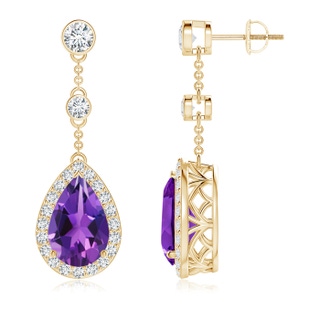 12x8mm AAAA Vintage Style Pear-Shaped Amethyst Halo Drop Earrings in 9K Yellow Gold