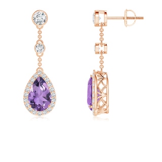9x6mm A Vintage Style Pear-Shaped Amethyst Halo Drop Earrings in Rose Gold
