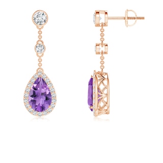 9x6mm AA Vintage Style Pear-Shaped Amethyst Halo Drop Earrings in 9K Rose Gold