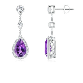 9x6mm AAA Vintage Style Pear-Shaped Amethyst Halo Drop Earrings in P950 Platinum