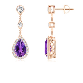 9x6mm AAAA Vintage Style Pear-Shaped Amethyst Halo Drop Earrings in 9K Rose Gold