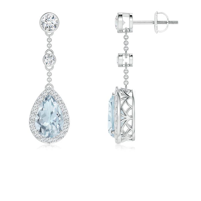 9x6mm A Vintage Style Pear-Shaped Aquamarine Halo Drop Earrings in P950 Platinum