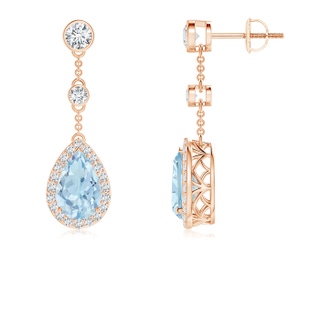 9x6mm AA Vintage Style Pear-Shaped Aquamarine Halo Drop Earrings in Rose Gold