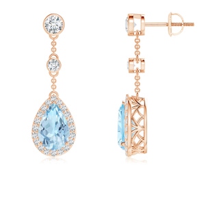 9x6mm AAA Vintage Style Pear-Shaped Aquamarine Halo Drop Earrings in Rose Gold