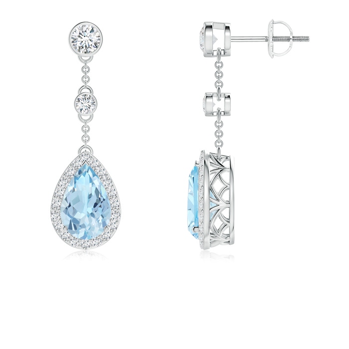 9x6mm AAA Vintage Style Pear-Shaped Aquamarine Halo Drop Earrings in White Gold