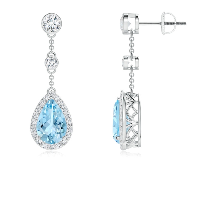 9x6mm AAAA Vintage Style Pear-Shaped Aquamarine Halo Drop Earrings in P950 Platinum 