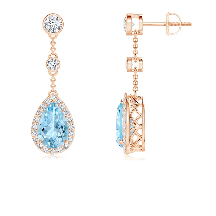 9x6mm AAAA Vintage Style Pear-Shaped Aquamarine Halo Drop Earrings in Rose Gold