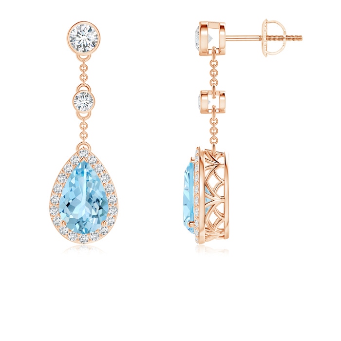9x6mm AAAA Vintage Style Pear-Shaped Aquamarine Halo Drop Earrings in Rose Gold 