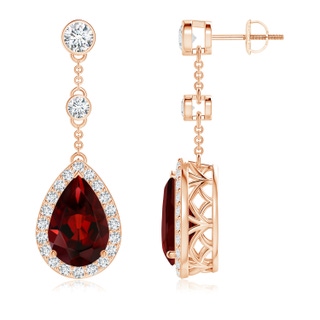 12x8mm AAA Vintage Style Pear-Shaped Garnet Halo Drop Earrings in Rose Gold