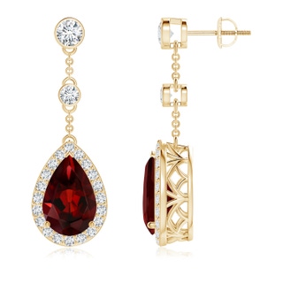 12x8mm AAA Vintage Style Pear-Shaped Garnet Halo Drop Earrings in Yellow Gold