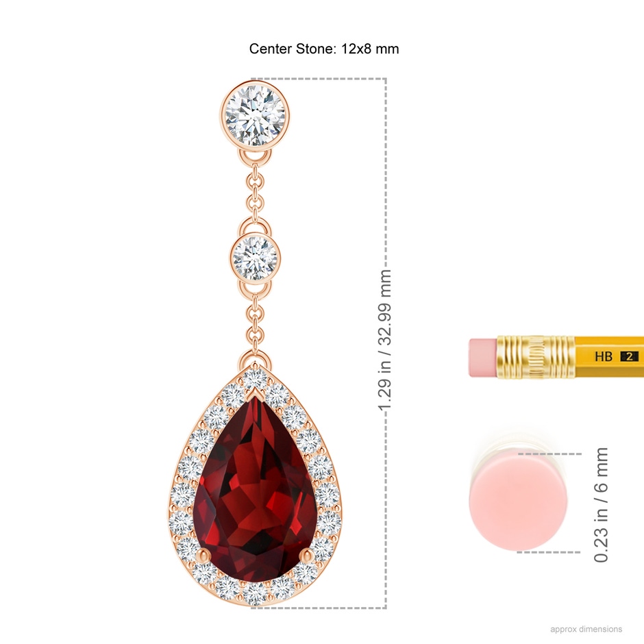 12x8mm AAAA Vintage Style Pear-Shaped Garnet Halo Drop Earrings in Rose Gold ruler