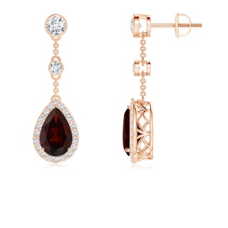 9x6mm A Vintage Style Pear-Shaped Garnet Halo Drop Earrings in Rose Gold