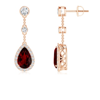 9x6mm AA Vintage Style Pear-Shaped Garnet Halo Drop Earrings in 9K Rose Gold