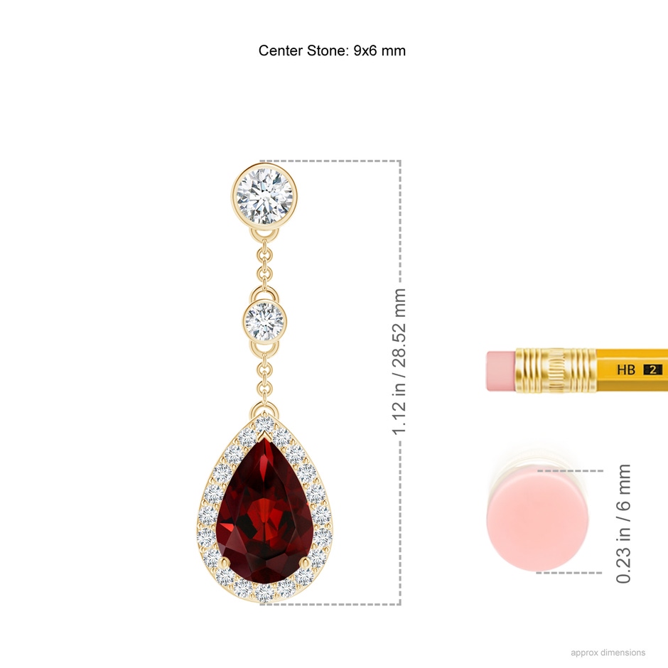 9x6mm AAA Vintage Style Pear-Shaped Garnet Halo Drop Earrings in Yellow Gold ruler