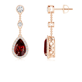 9x6mm AAAA Vintage Style Pear-Shaped Garnet Halo Drop Earrings in 9K Rose Gold