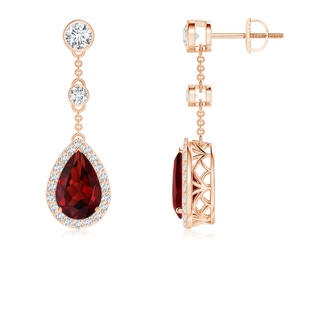 9x6mm AAAA Vintage Style Pear-Shaped Garnet Halo Drop Earrings in Rose Gold