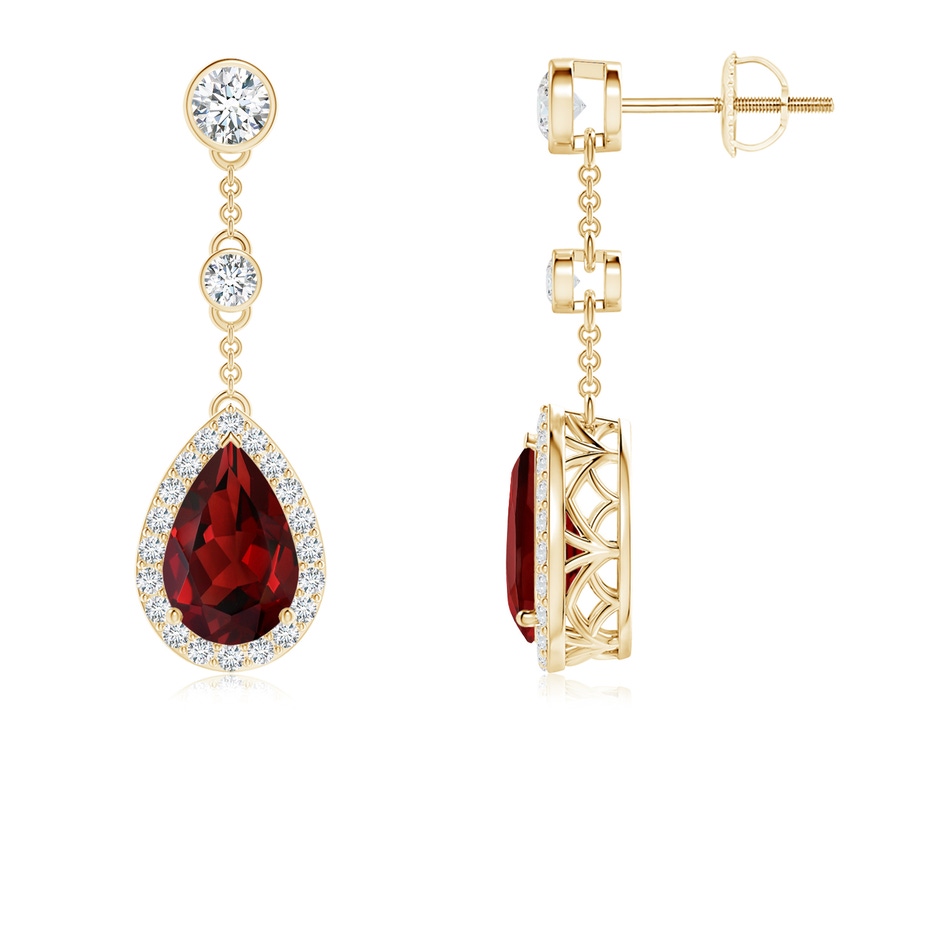 9x6mm AAAA Vintage Style Pear-Shaped Garnet Halo Drop Earrings in Yellow Gold 