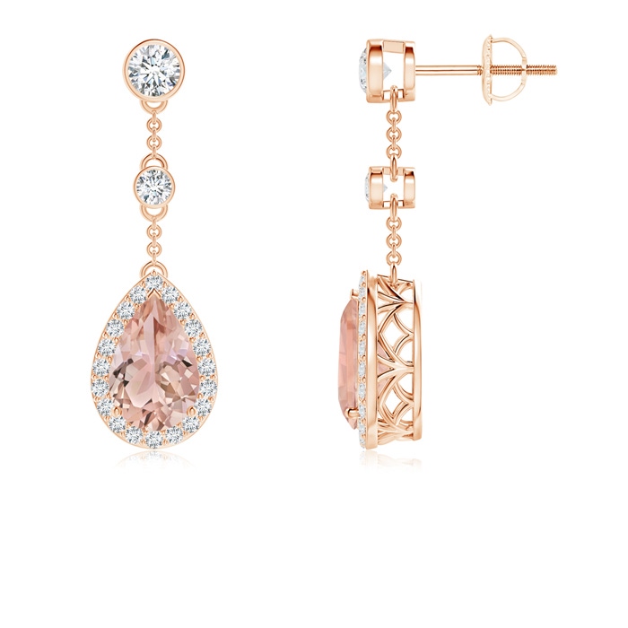 9x6mm AAA Vintage Style Pear-Shaped Morganite Halo Drop Earrings in Rose Gold 