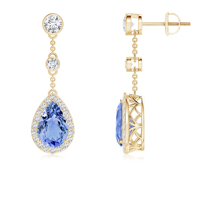 9x6mm A Vintage Style Pear-Shaped Tanzanite Halo Drop Earrings in Yellow Gold 