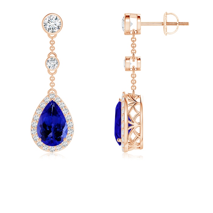 9x6mm AAAA Vintage Style Pear-Shaped Tanzanite Halo Drop Earrings in Rose Gold 