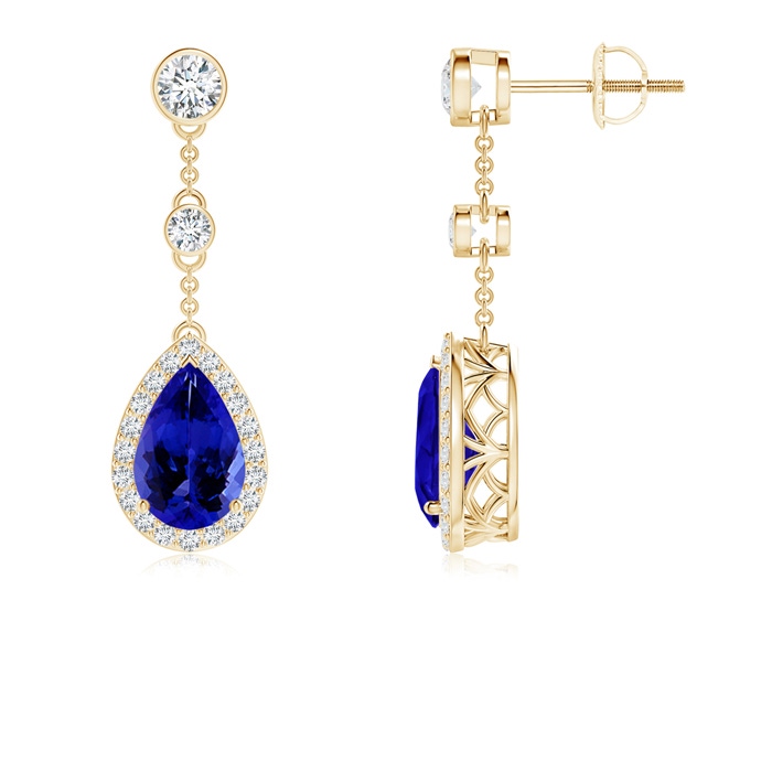 9x6mm AAAA Vintage Style Pear-Shaped Tanzanite Halo Drop Earrings in Yellow Gold 