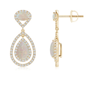 9x6mm AA Oval and Pear-Shaped Opal Double Halo Drop Earrings in Yellow Gold