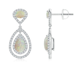 9x6mm AAA Oval and Pear-Shaped Opal Double Halo Drop Earrings in White Gold