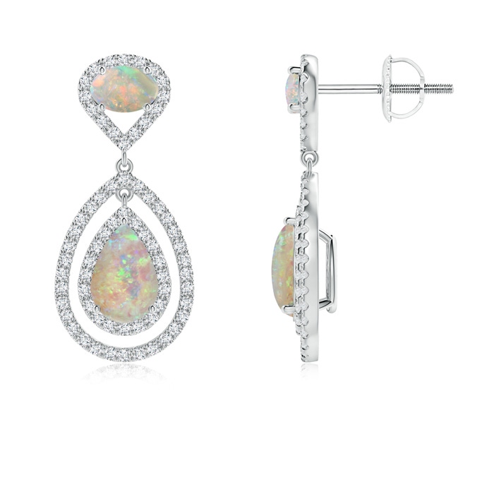 9x6mm AAAA Oval and Pear-Shaped Opal Double Halo Drop Earrings in P950 Platinum