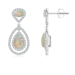 9x6mm AAAA Oval and Pear-Shaped Opal Double Halo Drop Earrings in White Gold