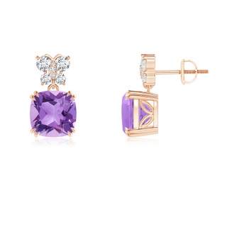 8mm A Amethyst Dangle Earrings with Diamond Butterfly Motifs in Rose Gold